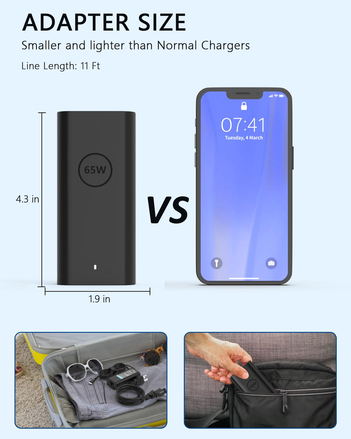 Nivjuky power adapter with AC cord laid out, highlighting included accessories for travel