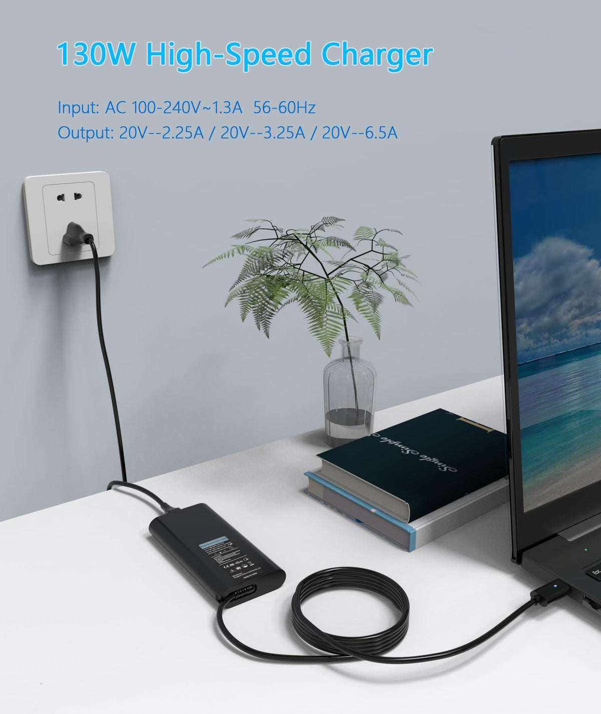 Nivjuky USB-C charger close-up port showing 130W output and smart protection features.