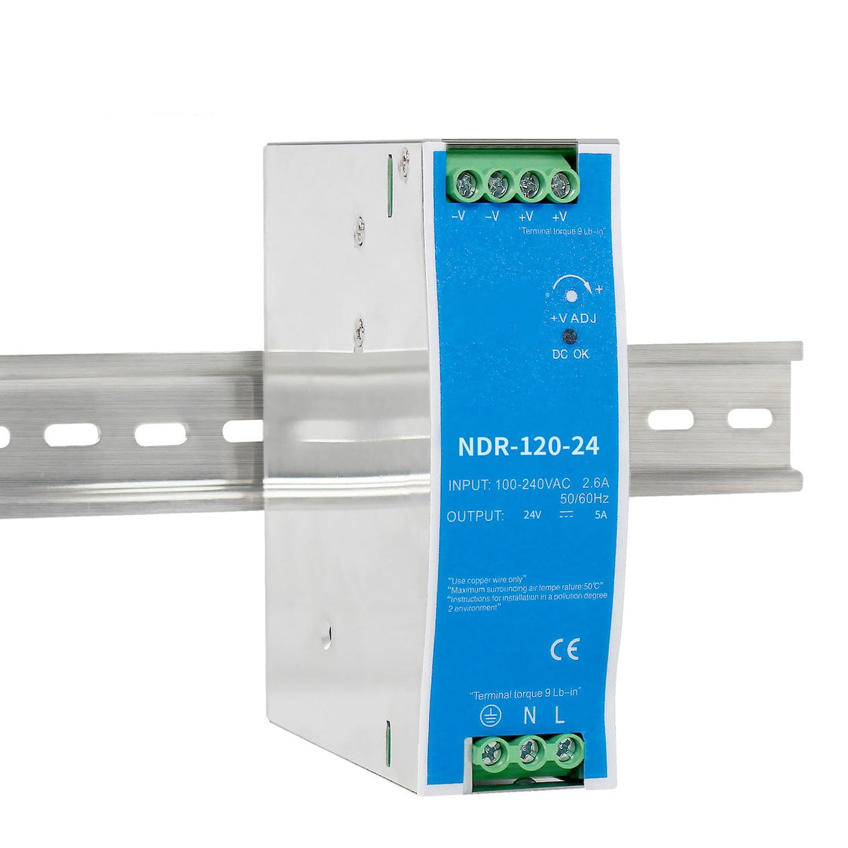 Nixesky NDR120-24 front view mounted on DIN rail for control panels