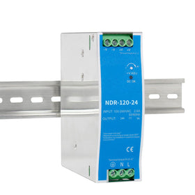 Nixesky NDR120-24 front view mounted on DIN rail for control panels