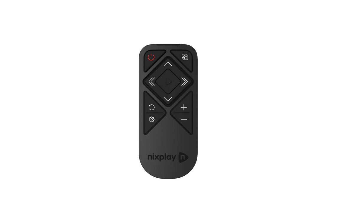 Nixplay infrared remote control for quick frame navigation and effortless slideshow control.