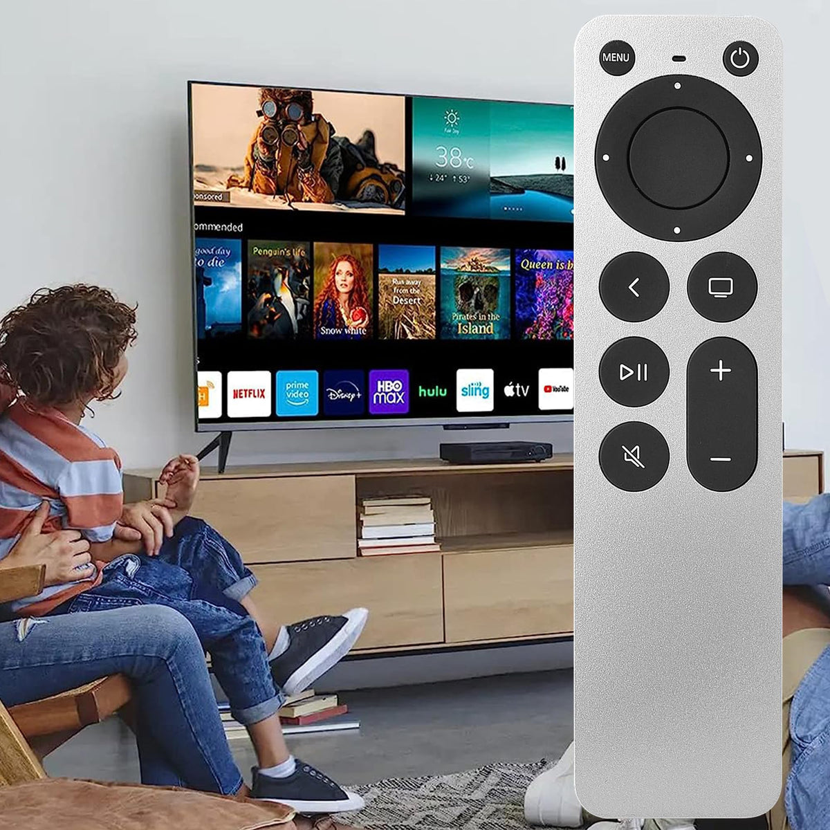 NJALNKHM on living room sofa controlling TV demonstrating guest-ready simplicity