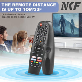 NKF remote pointed at TV demonstrating immediate infrared control