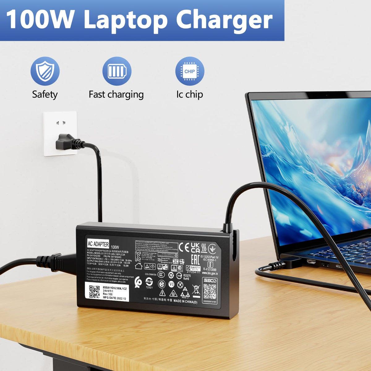 NLILITONG 100W USB-C charger with IdeaPad 5 Pro 16 desk setup demonstrates tidy cables and broad compatibility.