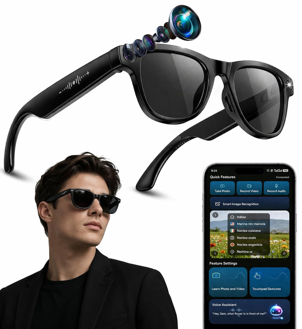 Nllosa AI Smart Glasses front view for hands-free AI assistance.