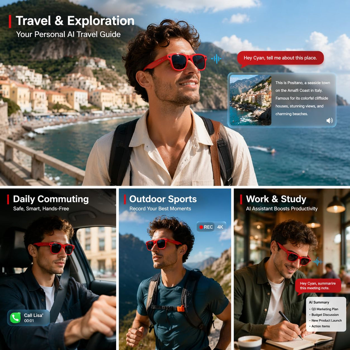 Nllosa smart glasses anti-shake recording for steady hands-free footage