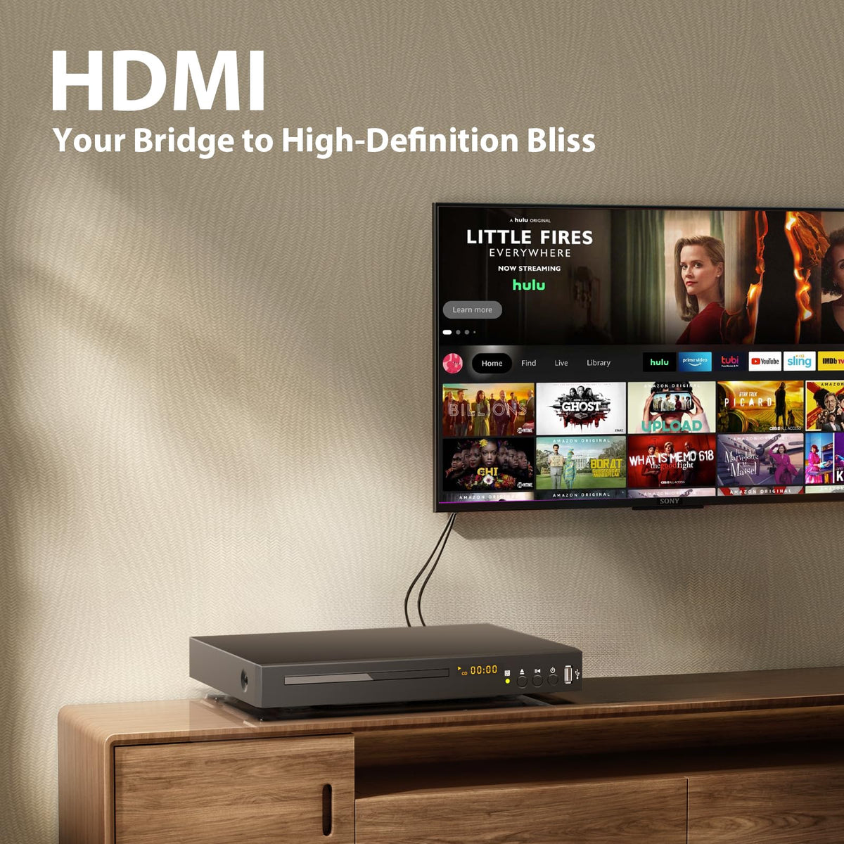 N Nutromo Blu-ray Player back panel with HDMI and USB ports for quick setup.