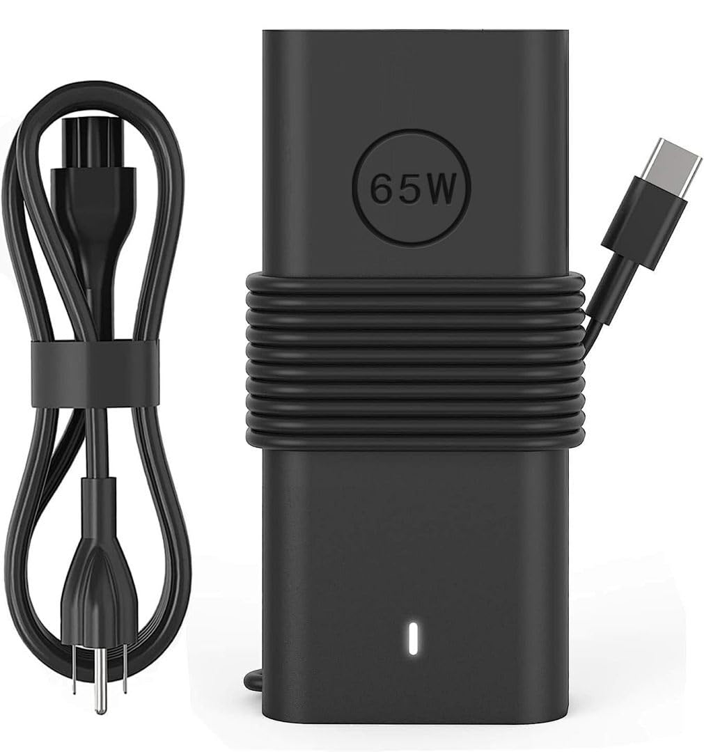 NNQEKBUF Slim 65W USB-C charger for Dell laptops, compact and travel-ready for daily use.