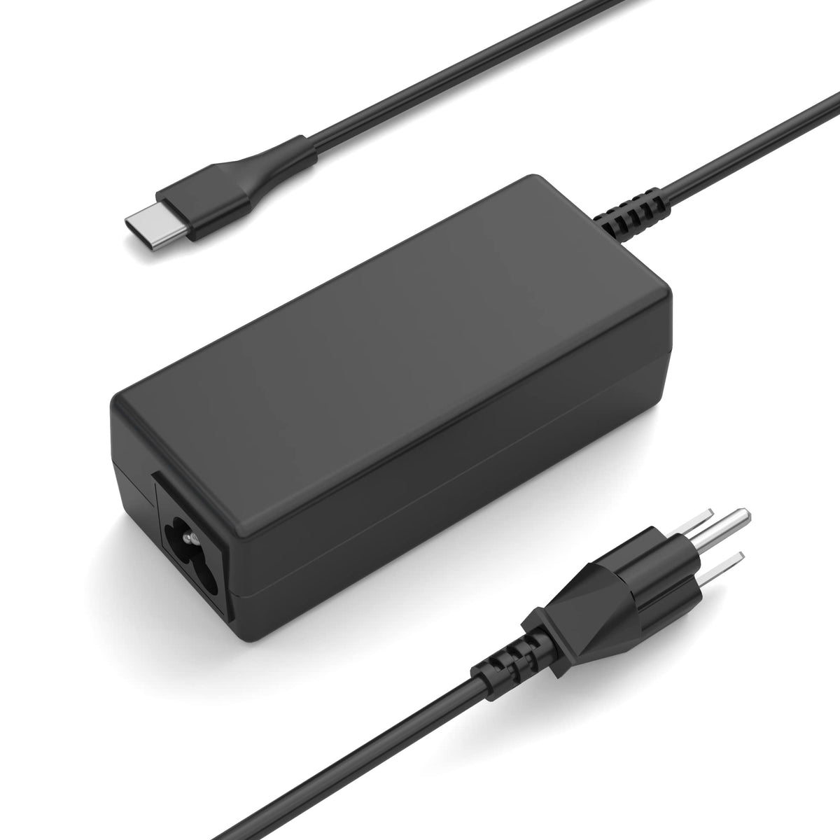 NNQEKBUF universal USB-C charger close-up shows 65W power for laptops.