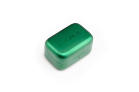Noble FoKus Rex5 green charging case open, ready for quick recharges.