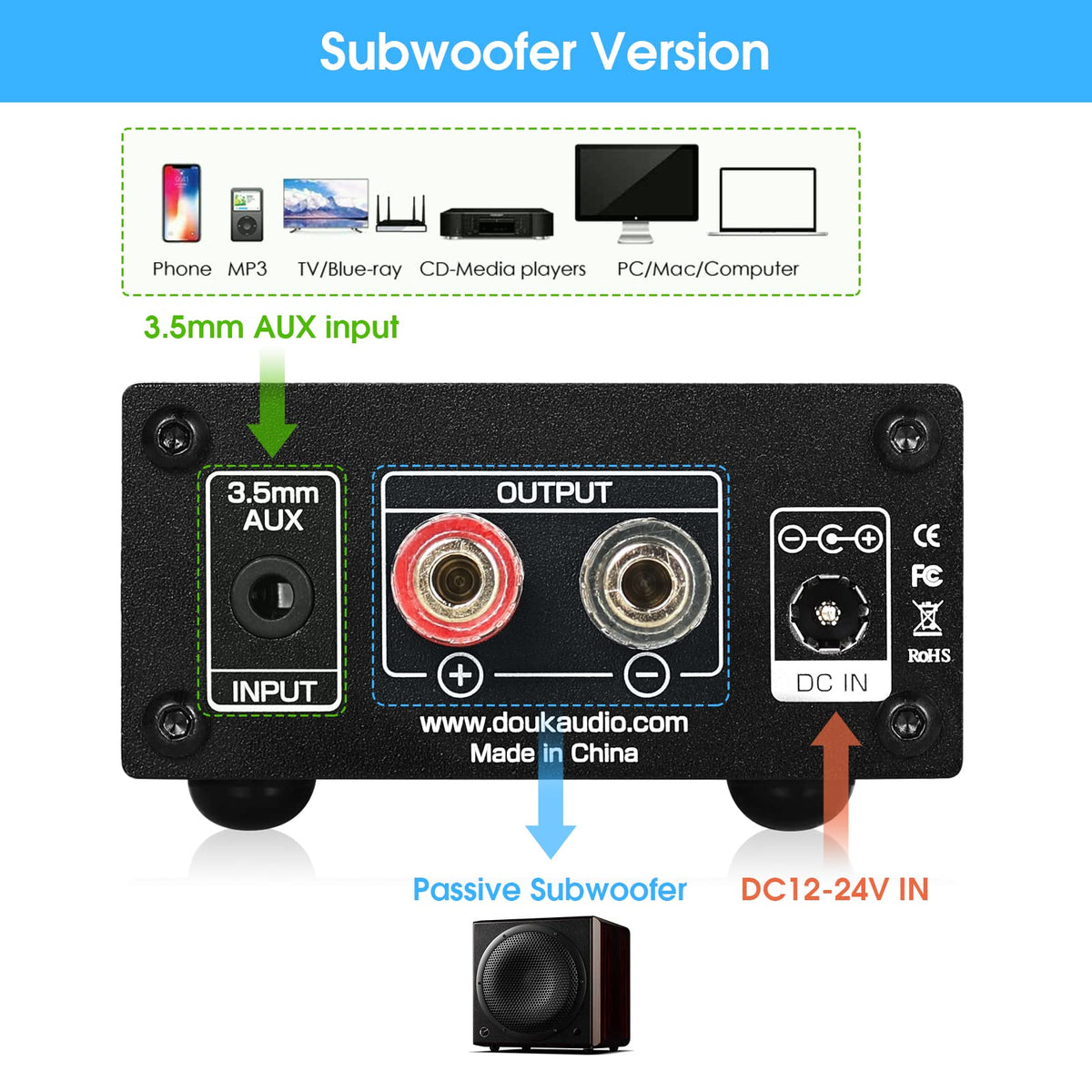 Nobsound 100W amp compact shell supports placement beside subwoofers