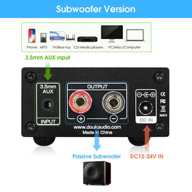 Nobsound 100W amp compact shell supports placement beside subwoofers