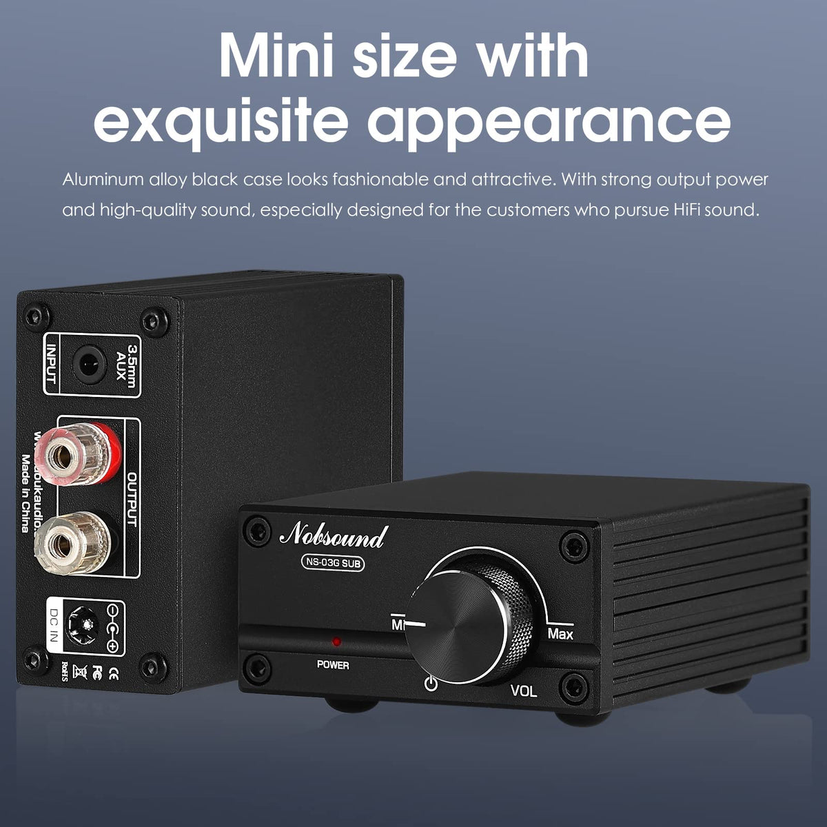 Nobsound 100W amp on desk demonstrates compact desktop placement