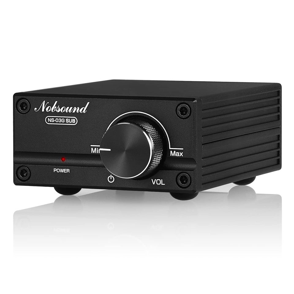 Nobsound 100W subwoofer amplifier front view for compact desktop setups