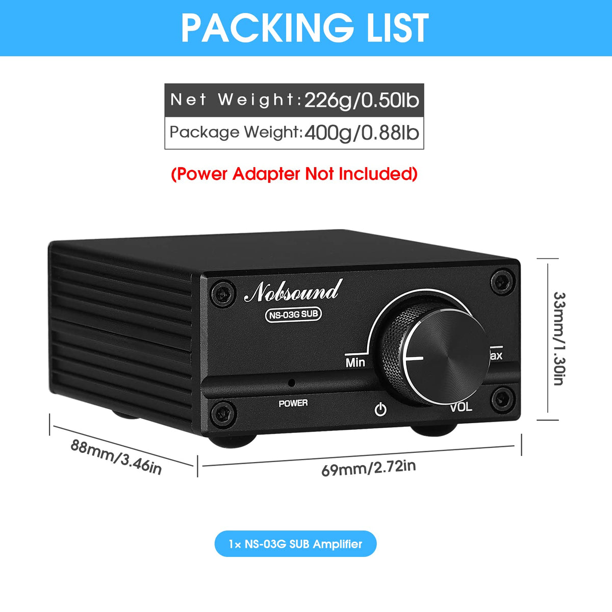 Nobsound 100W amp external power supply note informs required accessory