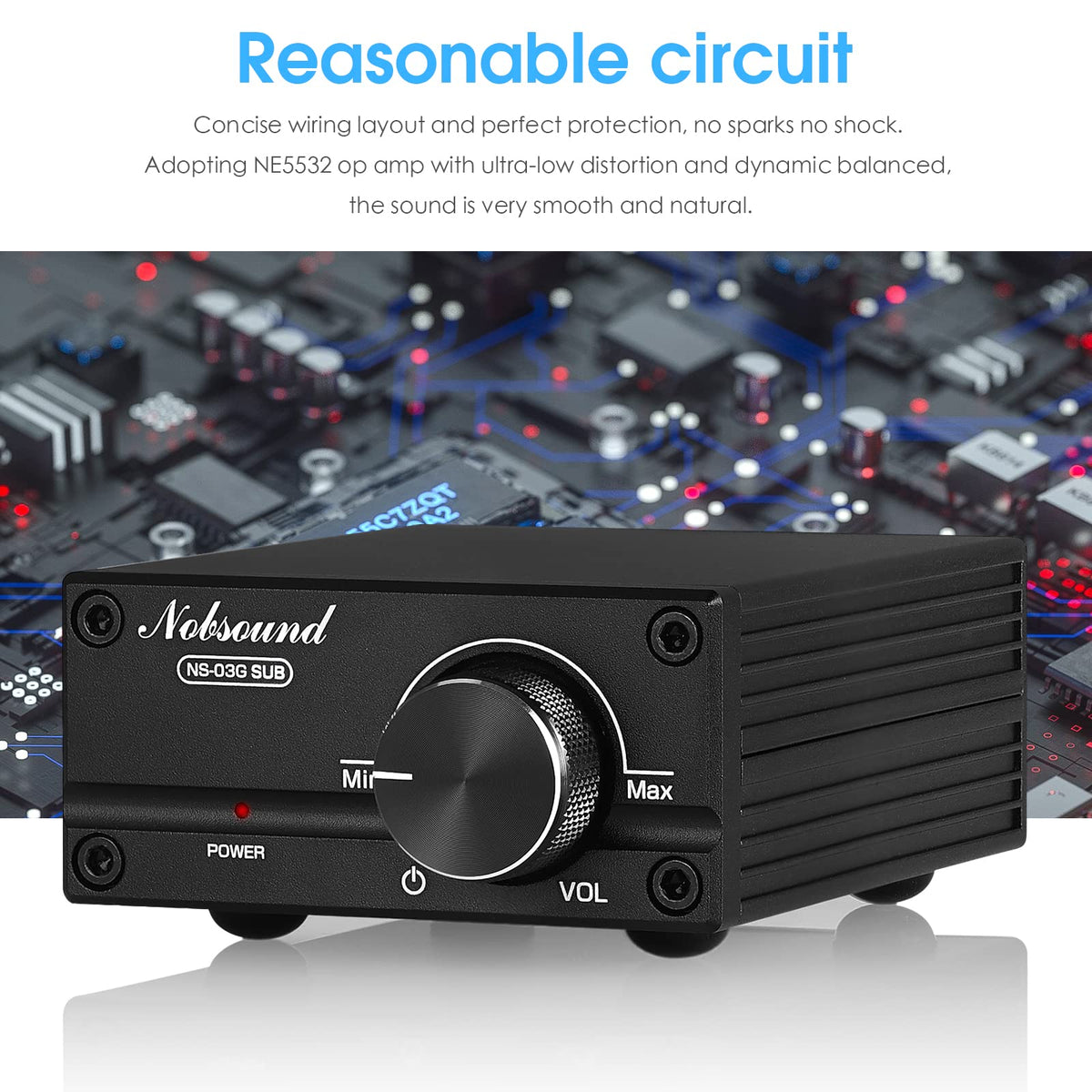 Nobsound 100W amp rear panel shows 3.5mm AUX input for easy sources