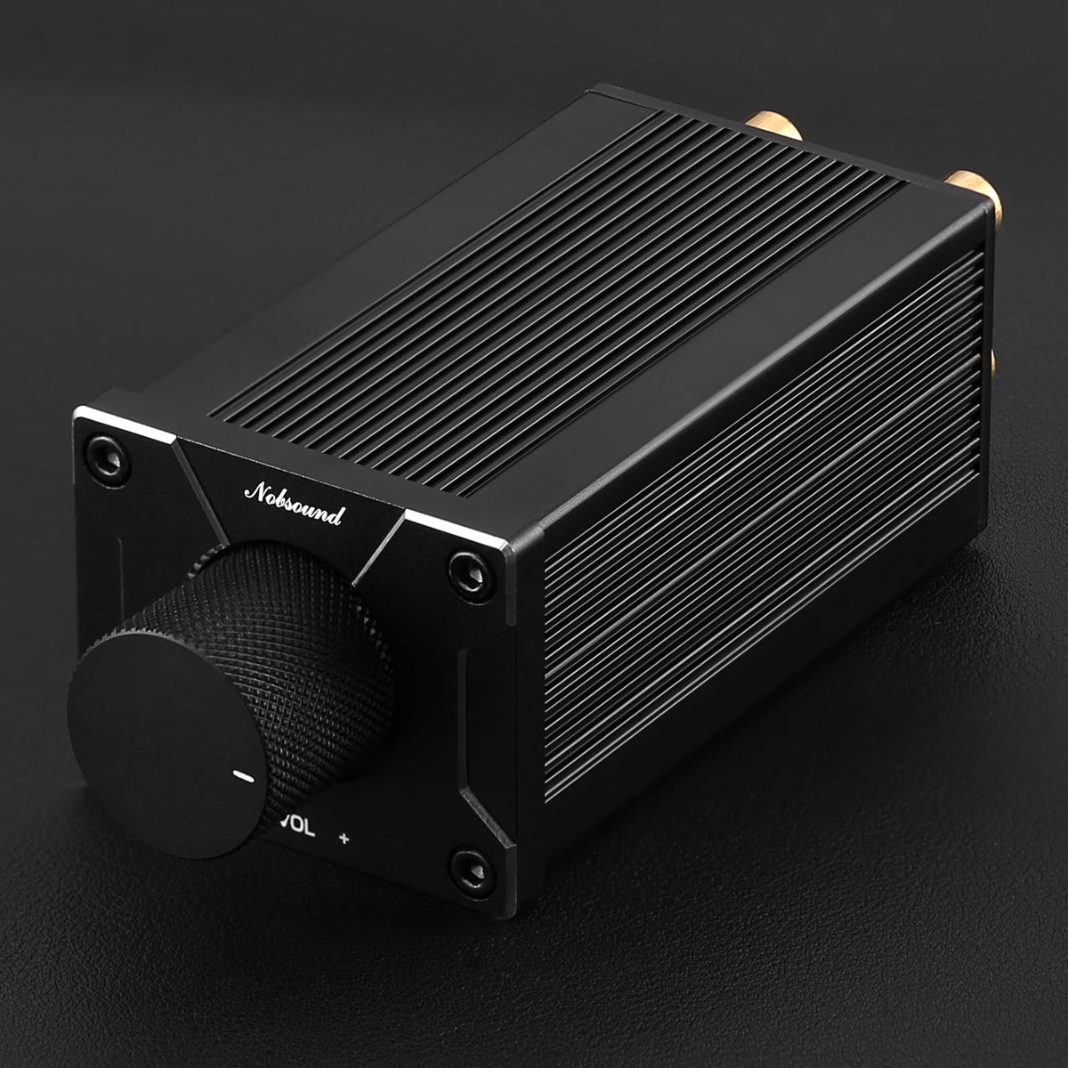 Nobsound aluminum chassis detail showing CNC finish benefit: durable EMI shielding