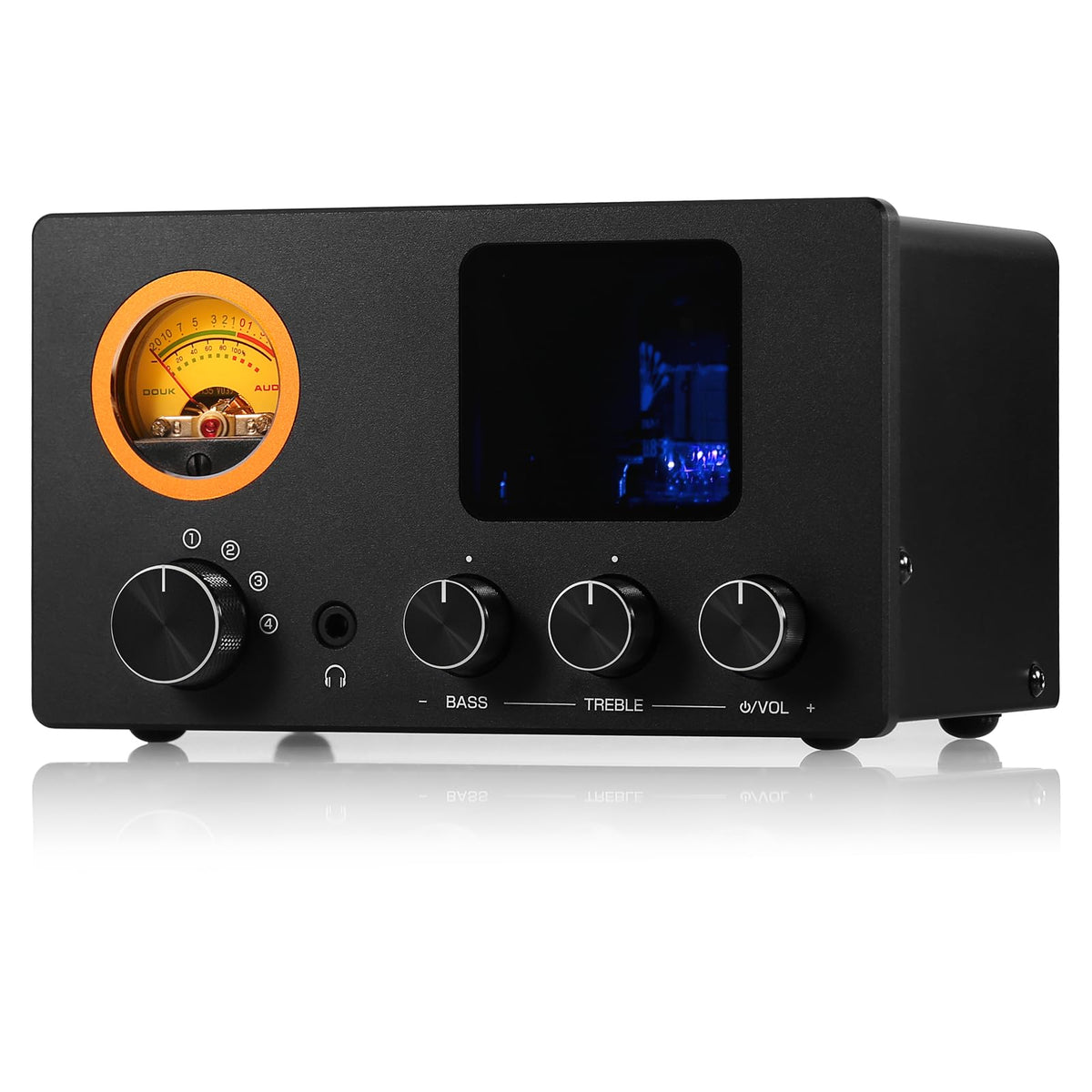 Nobsound Douk Audio vacuum tube preamp front panel enables quick source selection.