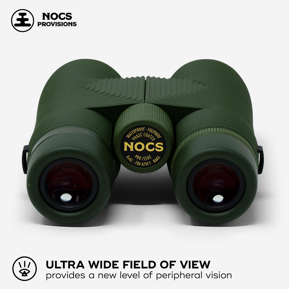 Nocs Provisions Pro Issue 8x42 eyepieces close-up for comfortable viewing with glasses