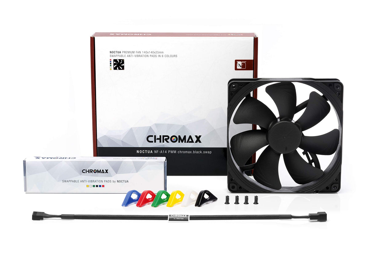 Noctua NF-A14 PWM chromax.Black.swap side view shows compact mounting for tight builds