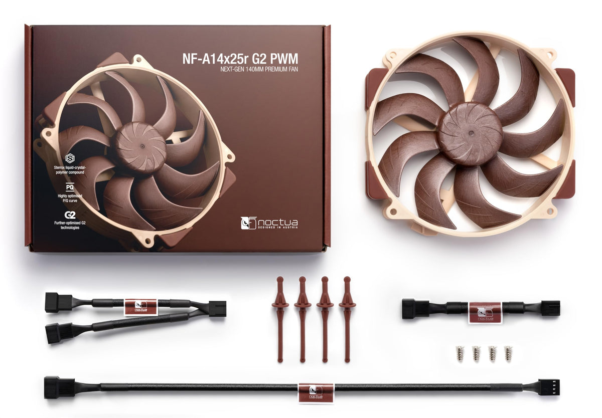 Noctua NF-A14x25r mounted on NH-D15 cooler showing improved cooling benefit