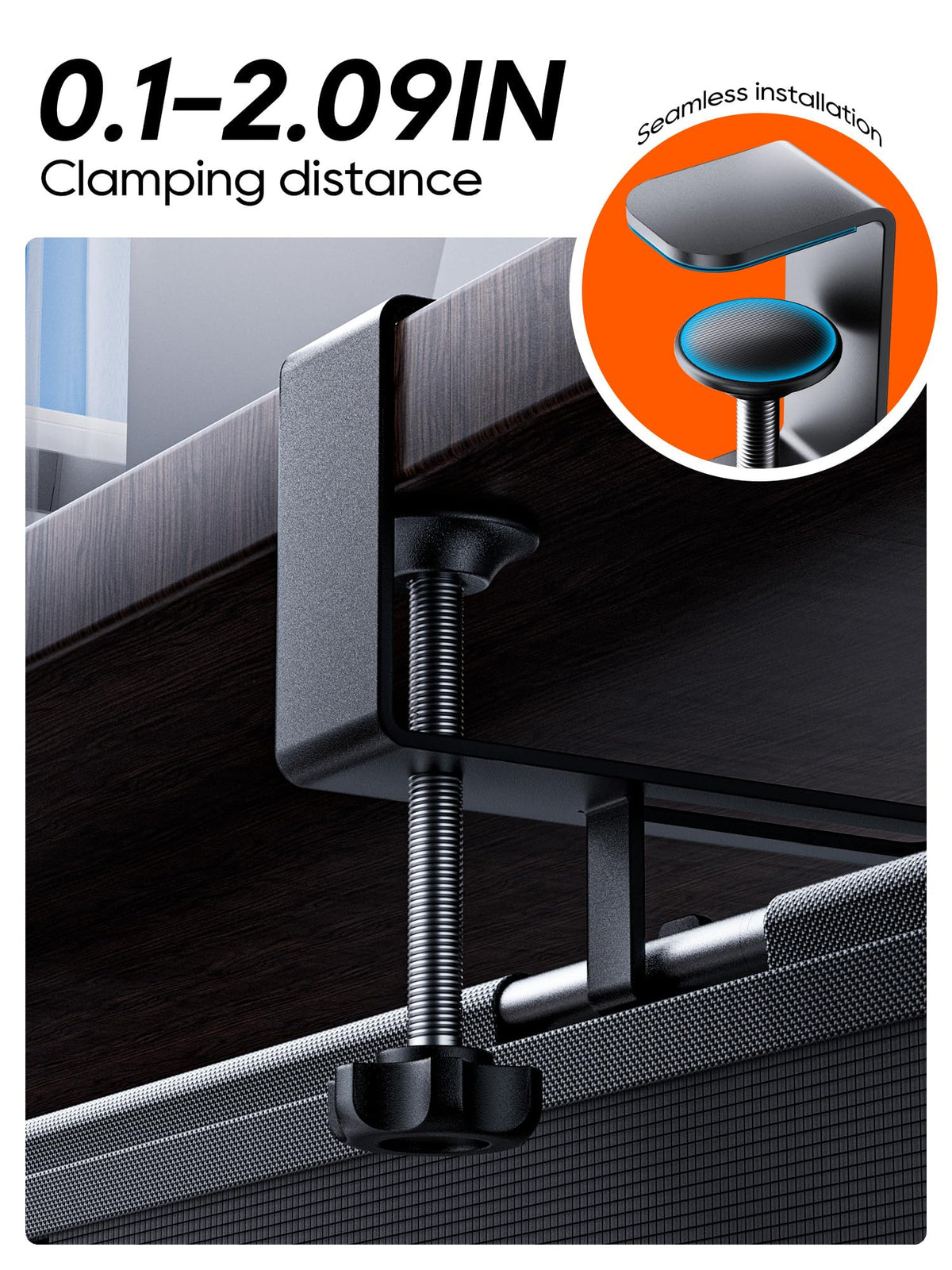 NODOCA clamp-clip under desk detail showing easy no-drill installation benefit