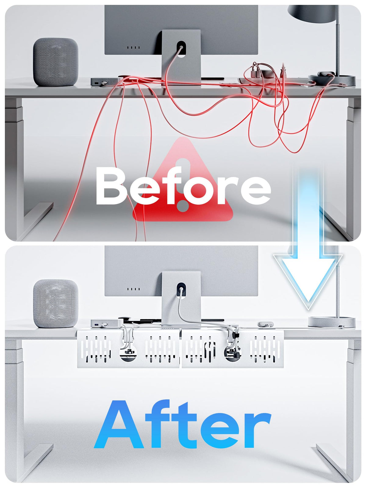 NODOCA clamp-on under-desk cable tray securely attaches with a protective pad.