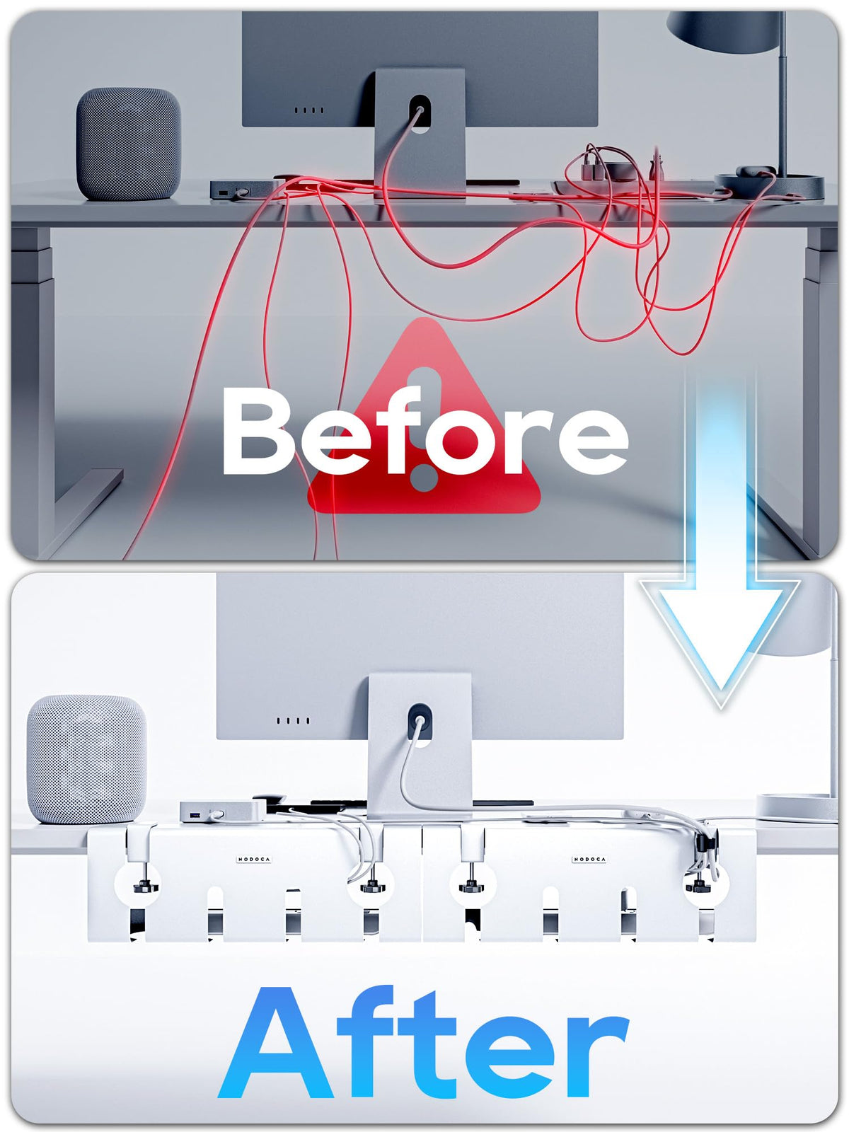 NODOCA 17-inch cable tray under desk shows pad protection preventing scratches.