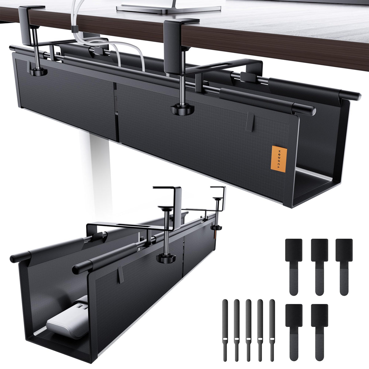 NODOCA front view of under-desk cable tray showing sleek black canvas and tidy benefit
