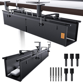 NODOCA front view of under-desk cable tray showing sleek black canvas and tidy benefit