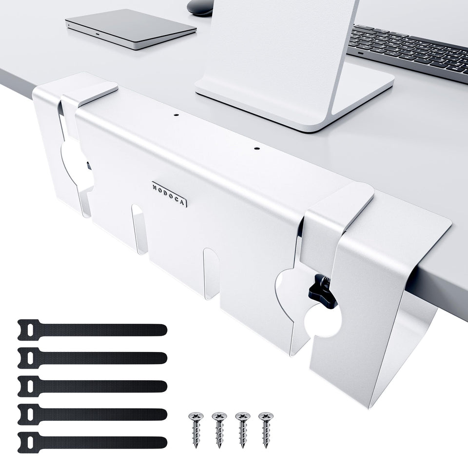 NODOCA under-desk cable tray in clamp-on setup for quick installation.