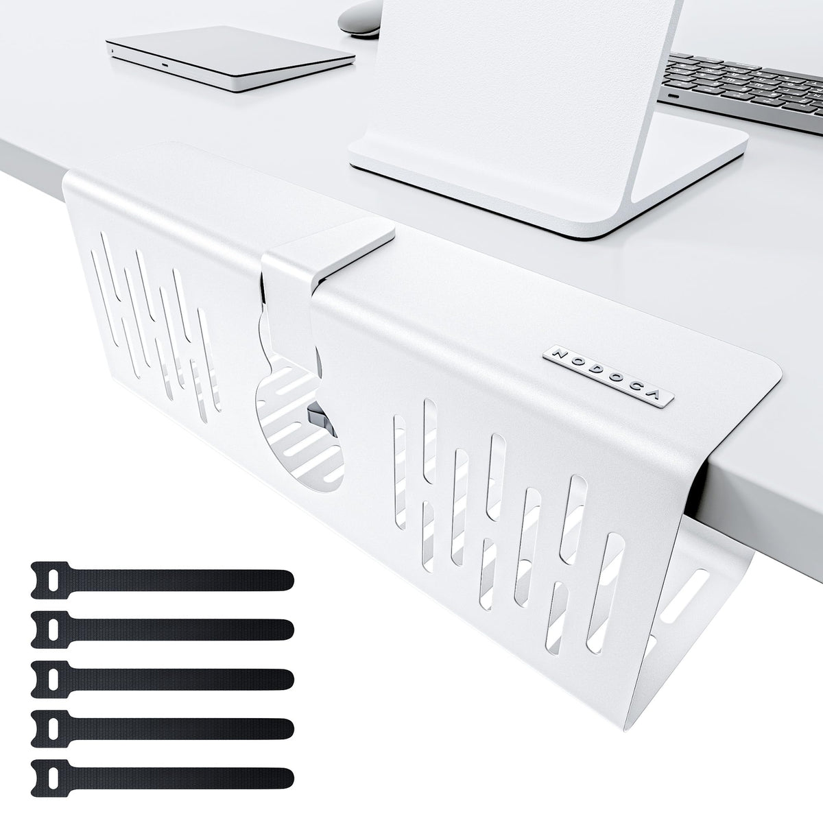 NODOCA no-drill under-desk cable tray keeps cords organized and desk surface scratch-free.