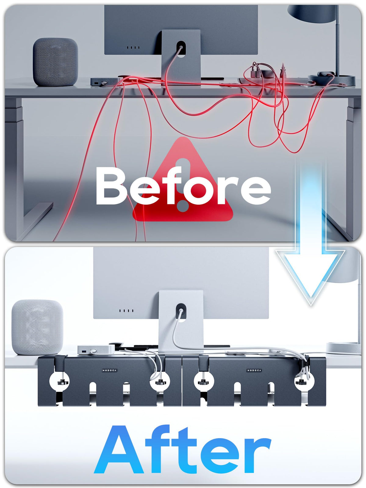 Punch-free clamp mounts under desk for quick, tool-free installation.
