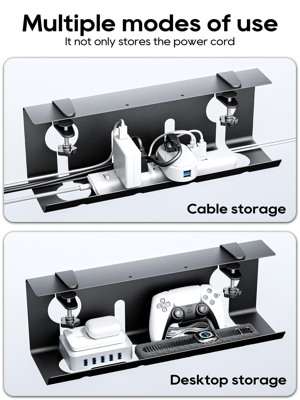 Soft pad protects desk surface during clamp-on installation.