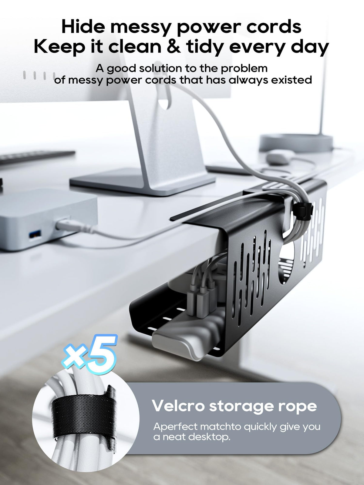 NODOCA Tray filled with cables demonstrates tidy under-desk organization.
