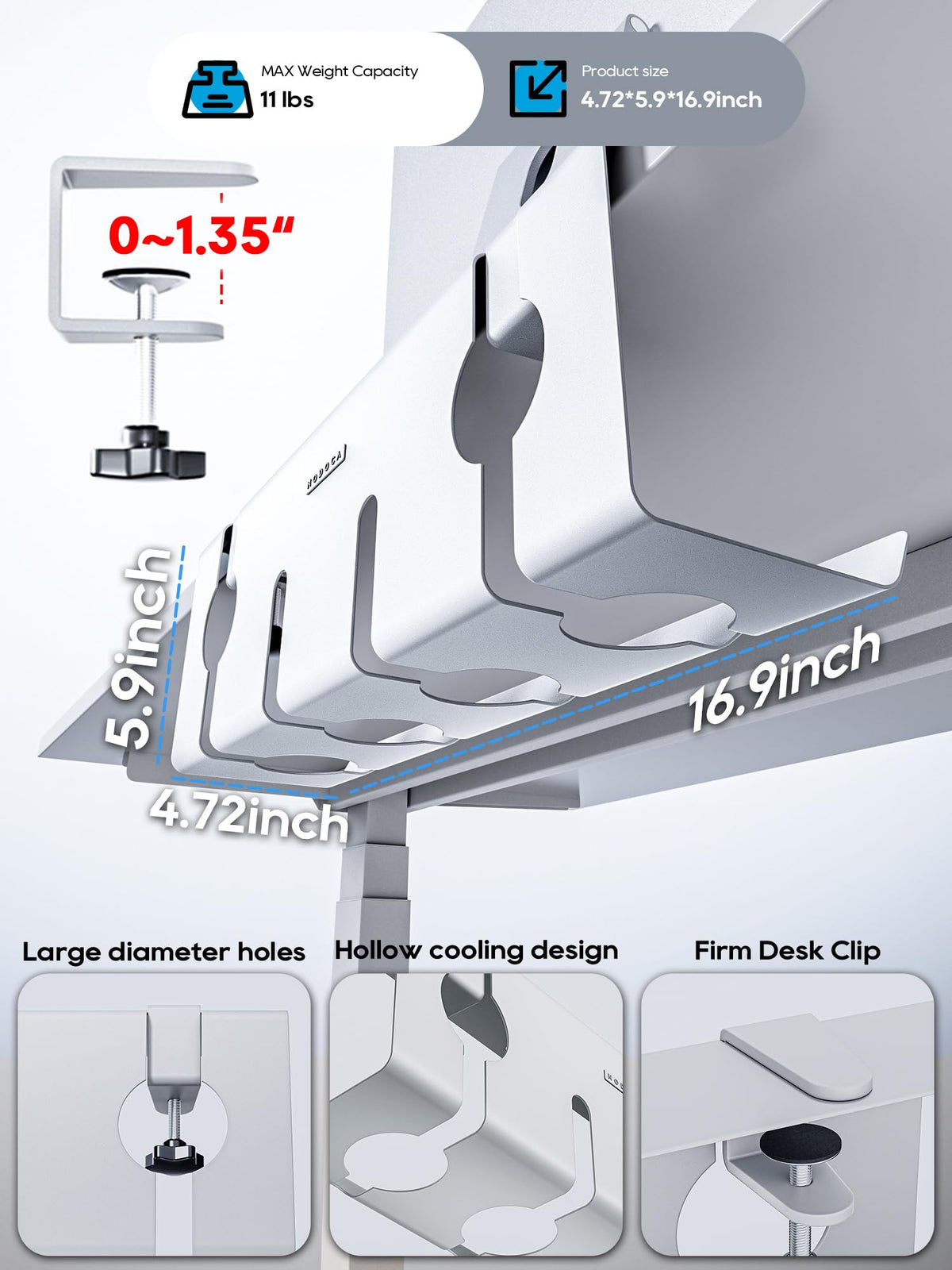 NODOCA under-desk tray footprint 16.9x5.9x4.7 inches fits most desks.