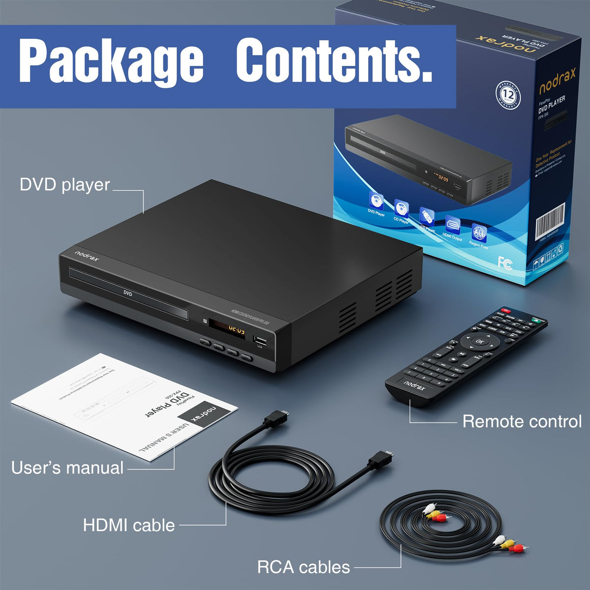 Nodrax FlexaPlay retail box with included HDMI and RCA cables and remote control