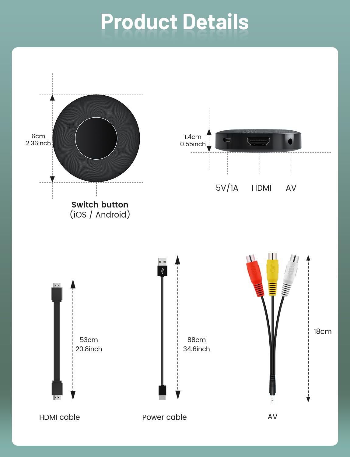 NOHZIO includes HDMI cable, power cord, AV cable and manual.