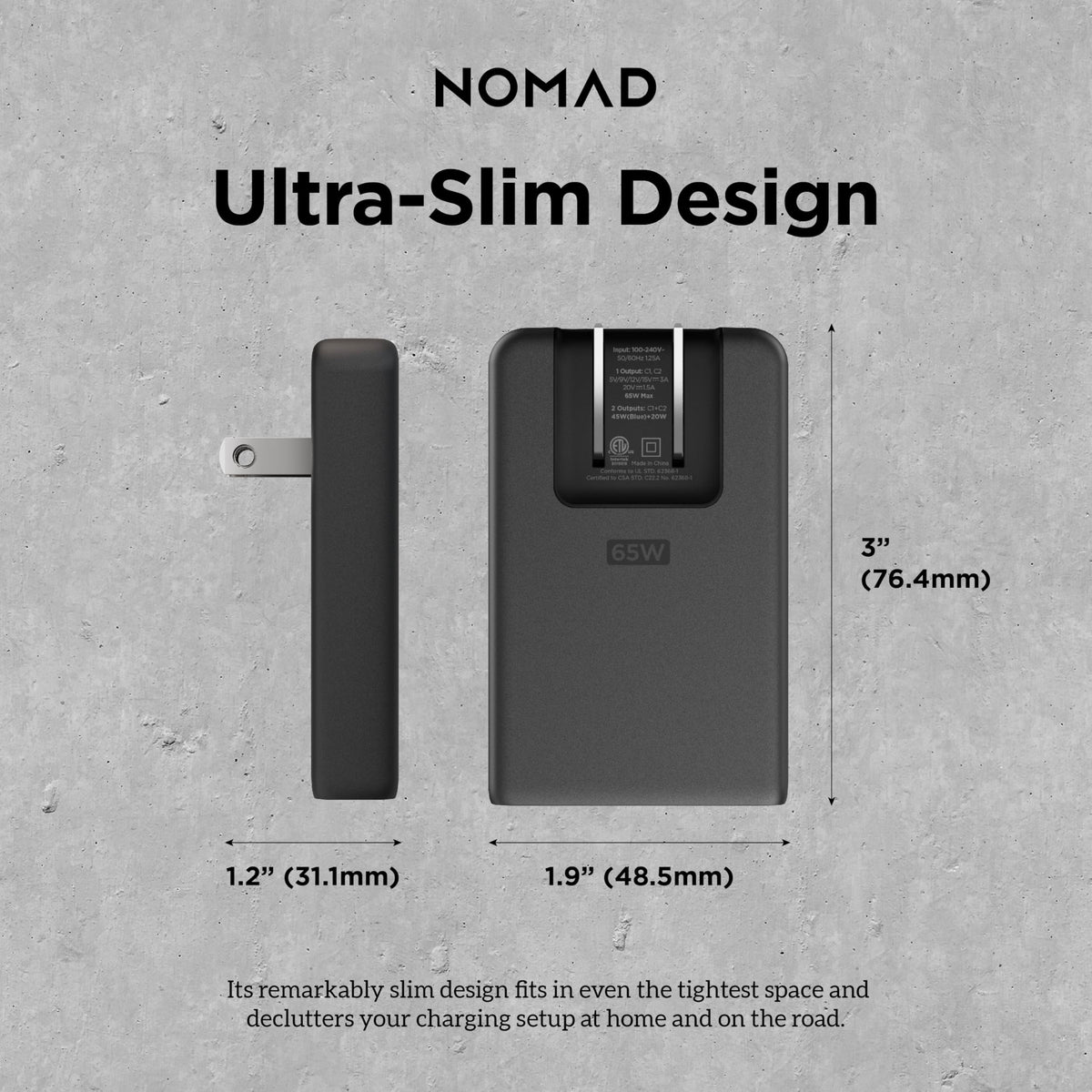 NOMAD charger held in hand demonstrating slim size and portability benefit