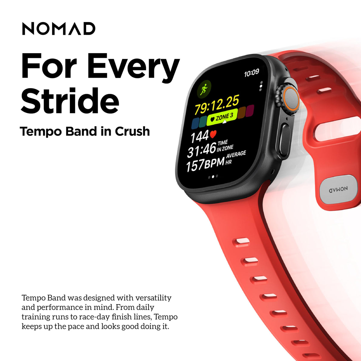 Nomad Tempo Band fits 49mm to 42mm wrists for versatile wear.