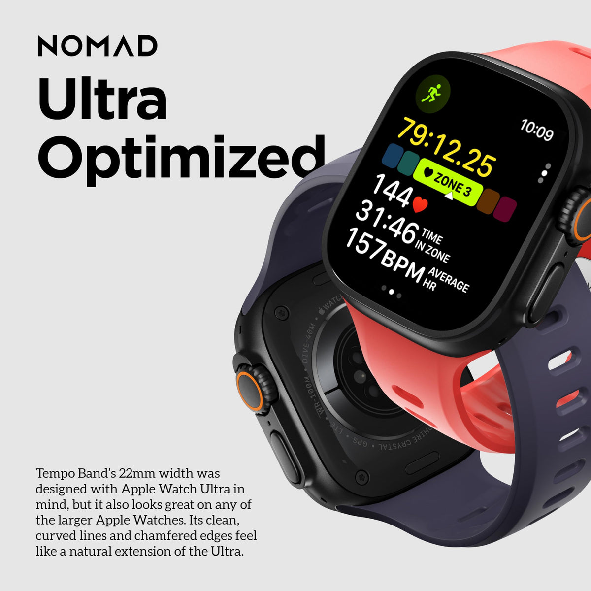 Nomad Tempo Band shown with Apple Watch Series 1-11 and SE compatibility.