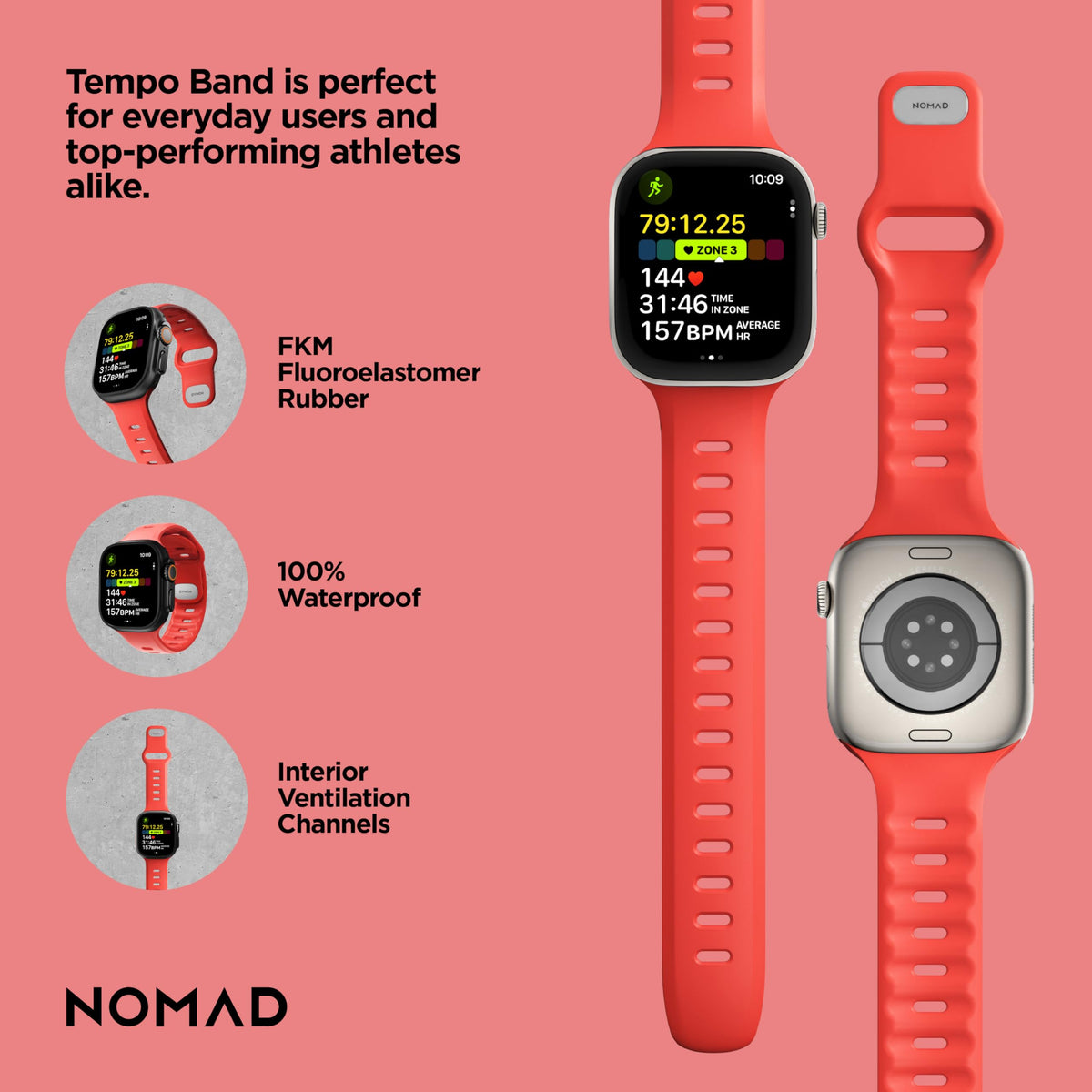 Nomad Tempo Band pin-and-tuck closure close-up demonstrates slim, secure fastening.