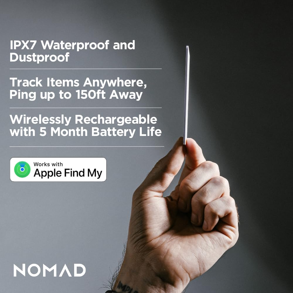 close-up of NOMAD tracking card logo and textured edge showing durable finish and premium build