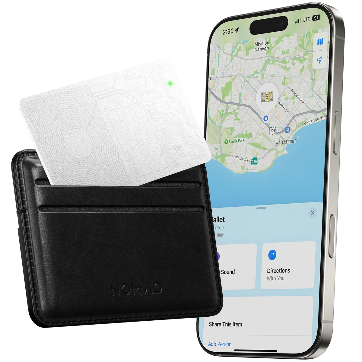 NOMAD tracking card front view showing clean white design and slim profile for easy identification