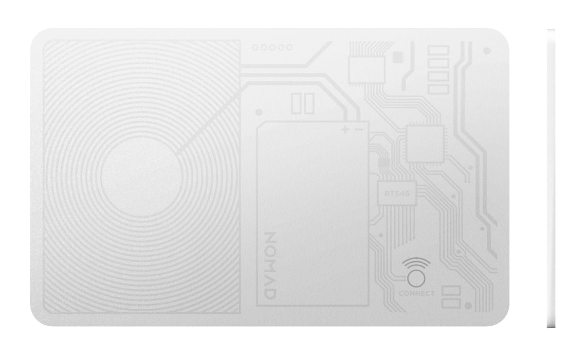 NOMAD tracking card thickness scale beside credit cards demonstrating minimal bulk and comfortable carry