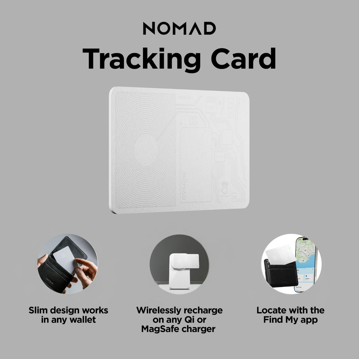 NOMAD tracking card on a MagSafe wireless charger highlighting quick rechargeable convenience