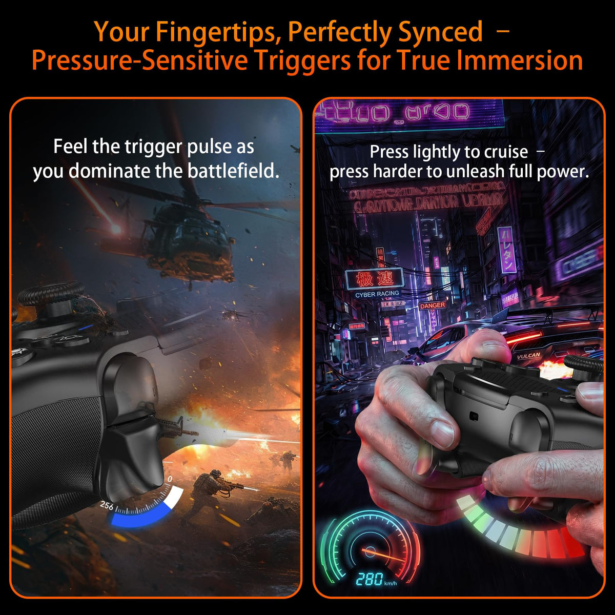 Nonbliep Hall Effect joystick detail showing drift-free precision for aiming