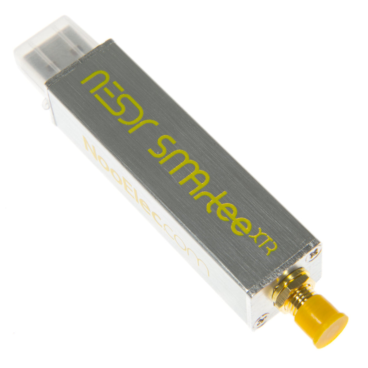 NooElec front view showing brushed aluminum case and SMA input for durable, reliable reception
