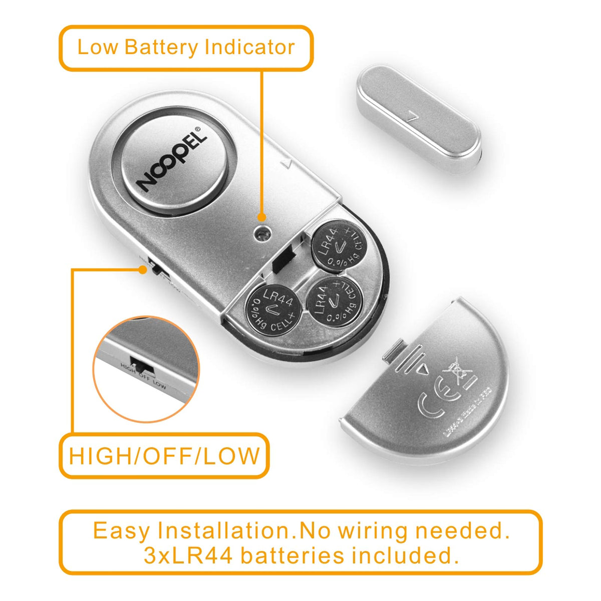 NOOPEL open battery compartment showing included LR44 cells for instant use benefit