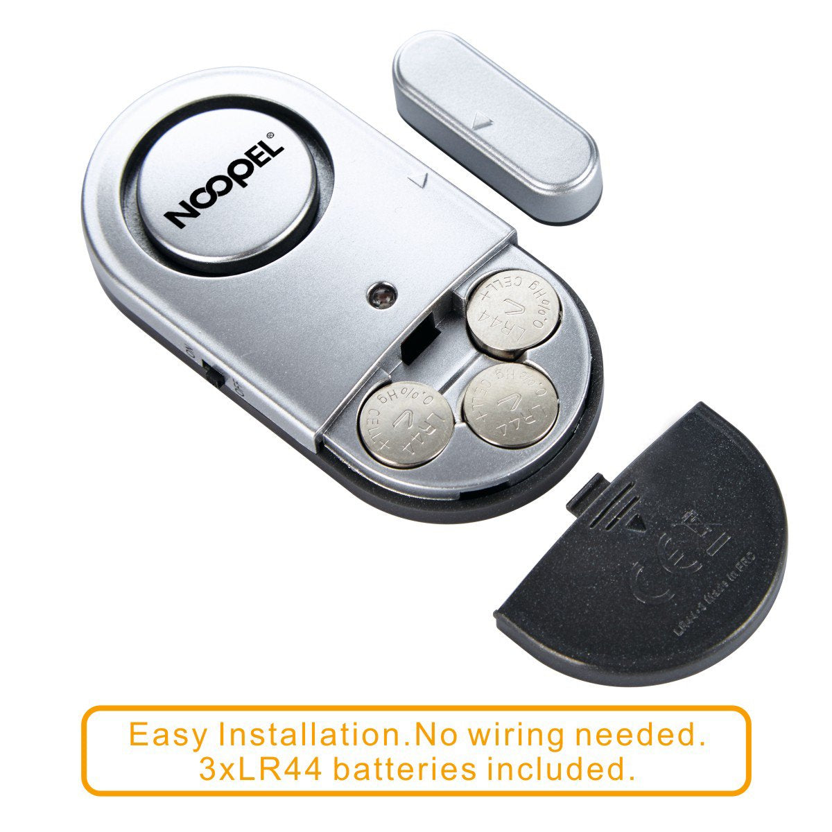 Noopel door alarm magnet close-up, shows sensor contact for immediate alerts.